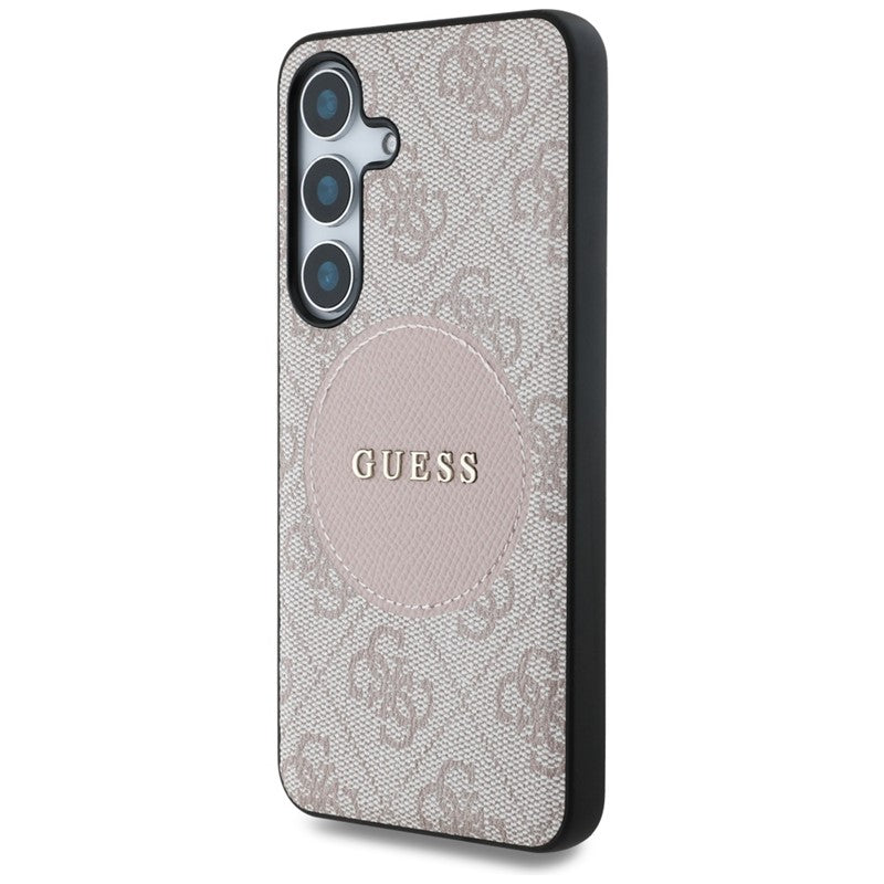 Guess 4G Round Patch Classic Logo MagSafe - dėklas skirtas Samsung Galaxy S25 (rožinis)