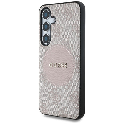 Guess 4G Round Patch Classic Logo MagSafe - dėklas skirtas Samsung Galaxy S25 (rožinis)