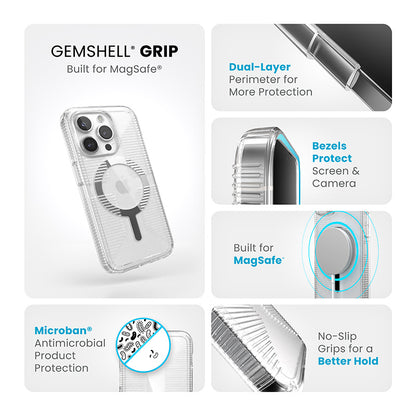 Speck Gemshell Grip + MagSafe – dėklas, skirtas iPhone 15 Pro (skaidrus / chromo apdaila)