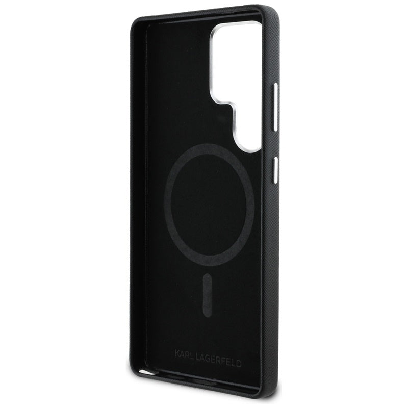 Karl Lagerfeld Saffiano pilnai apgaubtas ilgas metalinis logotipas MagSafe – dėklas Samsung Galaxy S25 Ultra (juodas)