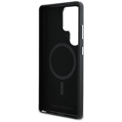 Karl Lagerfeld Saffiano pilnai apgaubtas ilgas metalinis logotipas MagSafe – dėklas Samsung Galaxy S25 Ultra (juodas)