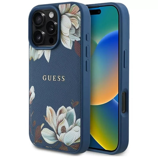 Guess Grained Printed Flower Pattern MagSafe - dėklas, skirtas iPhone 16 Pro (mėlynas)