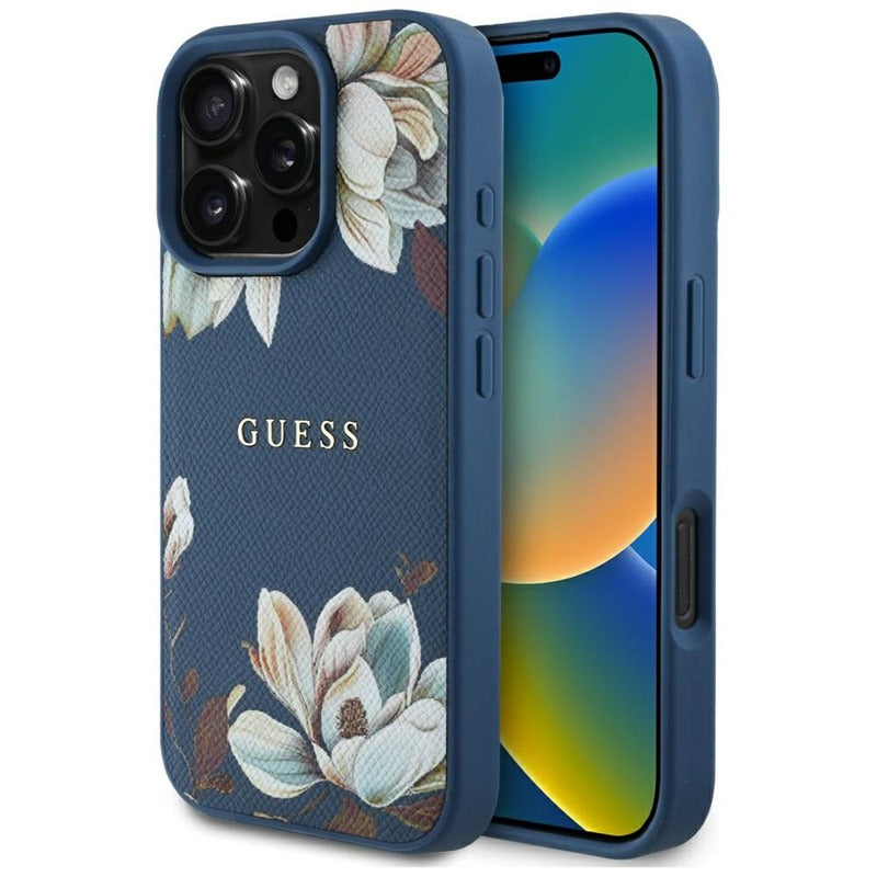 Guess Grained Printed Flower Pattern MagSafe - dėklas, skirtas iPhone 16 Pro (mėlynas)