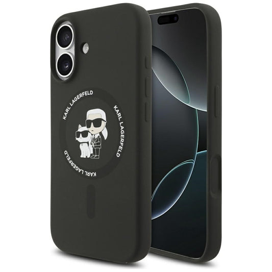 Karl Lagerfeld Silikoninis dėklas su Karl & Choupette žiedu, MagSafe, skirtas iPhone 17 (juodas)
