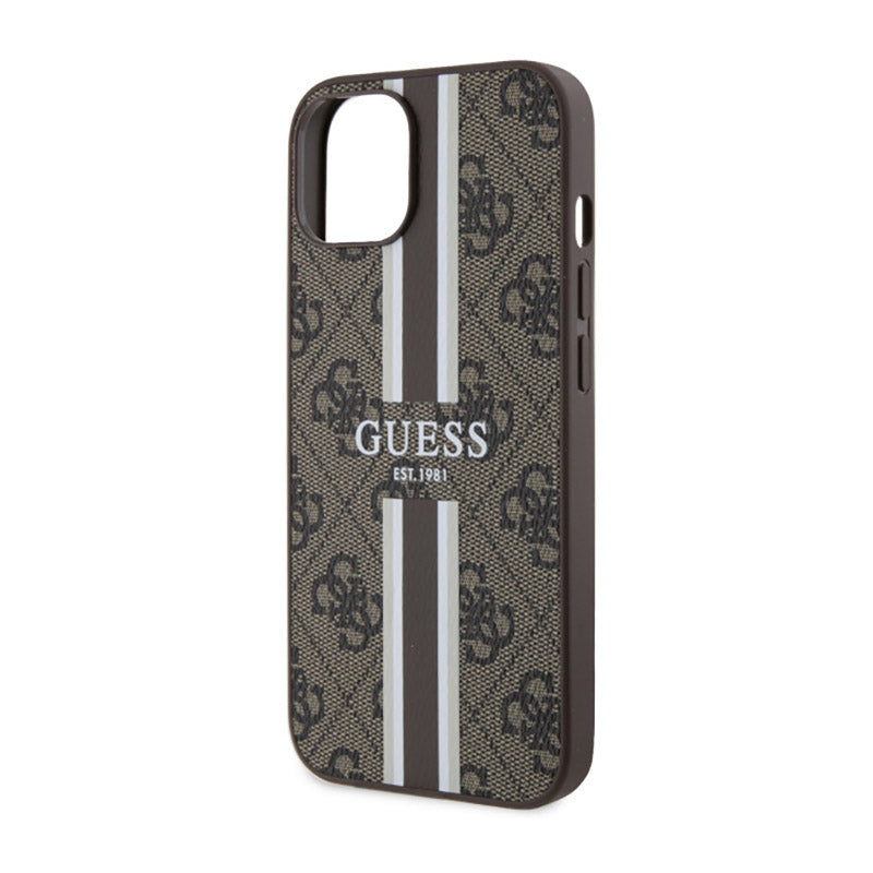 Guess 4G Printed Stripes MagSafe – dėklas iPhone 14 Plus (rudas)
