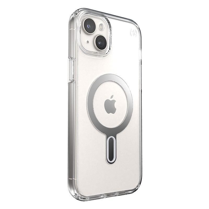 Speck Presidio Perfect-Clear ClickLock & Magsafe - iPhone 15 Plus / iPhone 14 Plus dėklas (Skaidrus / Chromo apdaila / Serene Silver)