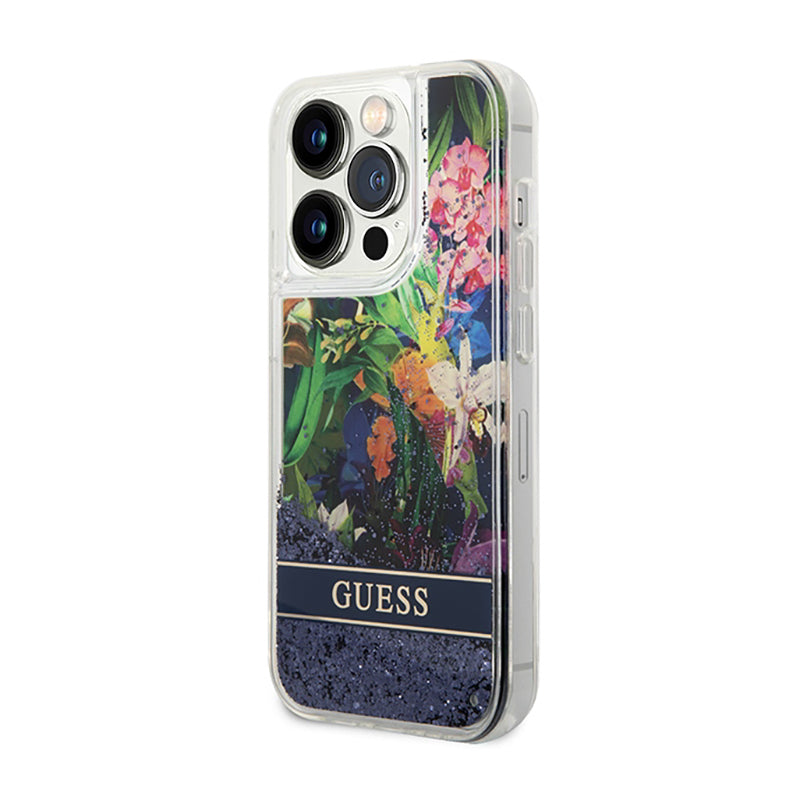 "Guess Liquid Glitter Flower" - "iPhone 14 Pro" dėklas (mėlynas)