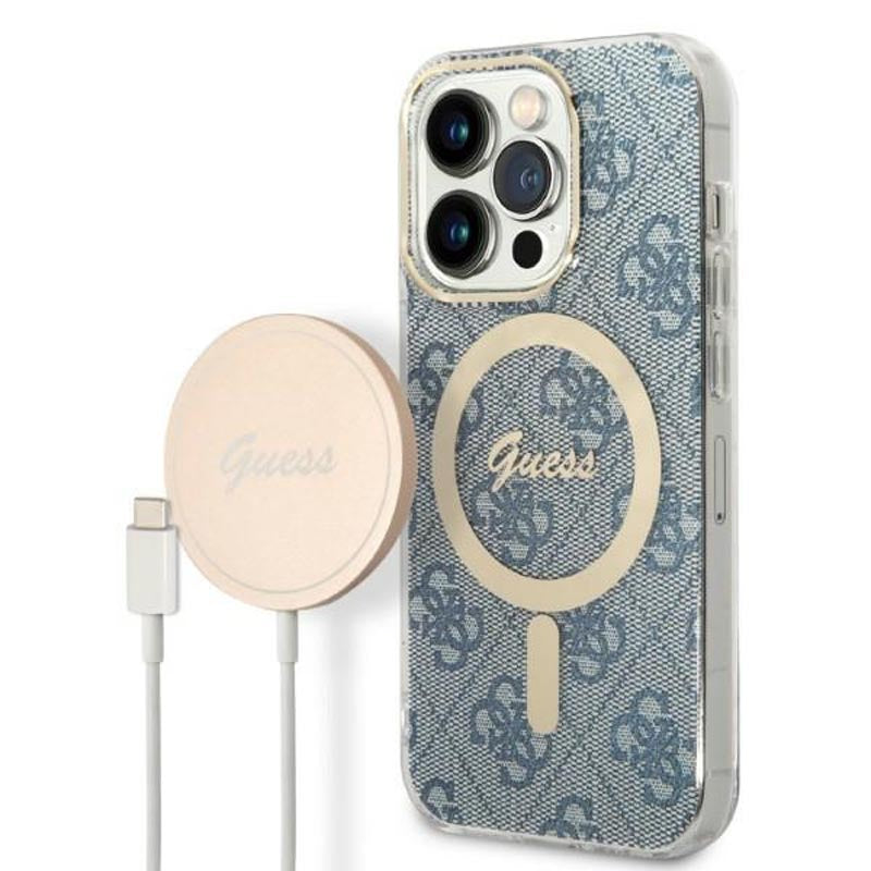 Guess Bundle Pack MagSafe 4G - dėklo rinkinys, skirtas iPhone 14 Pro Max + MagSafe įkroviklis (mėlyna/auksinė)