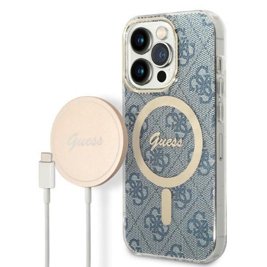 Guess Bundle Pack MagSafe 4G - dėklo rinkinys, skirtas iPhone 14 Pro Max + MagSafe įkroviklis (mėlyna/auksinė)
