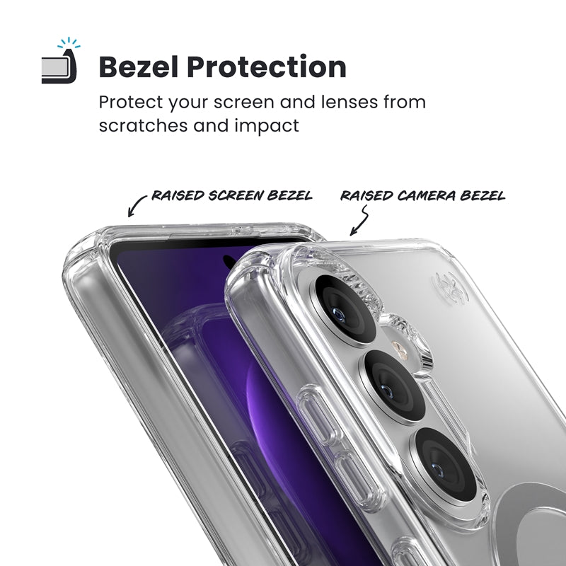 Speck Presidio Perfect-Clear Magnet – Samsung Galaxy S26 dėklas su MagSafe (Skaidrus/Skaidrus/Sidabrinis)