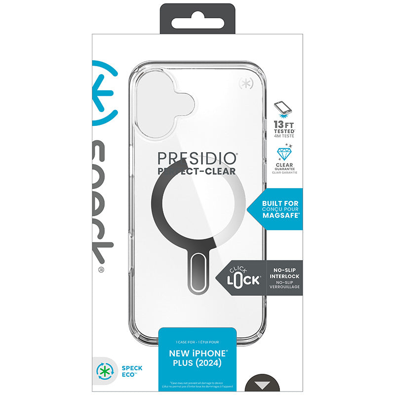Speck Presidio Perfect-Clear ClickLock & MagSafe – dėklas iPhone 16 Plus (skaidrus / chromo apdaila / Serene Silver)