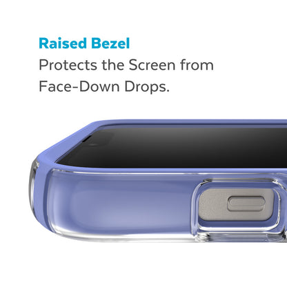 "Speck Presidio Perfect-Clear" su smūgio geometrija - dėklas "iPhone 15 Plus"/"14 Plus" su MICROBAN danga (skaidrus / įžemintas violetinis)