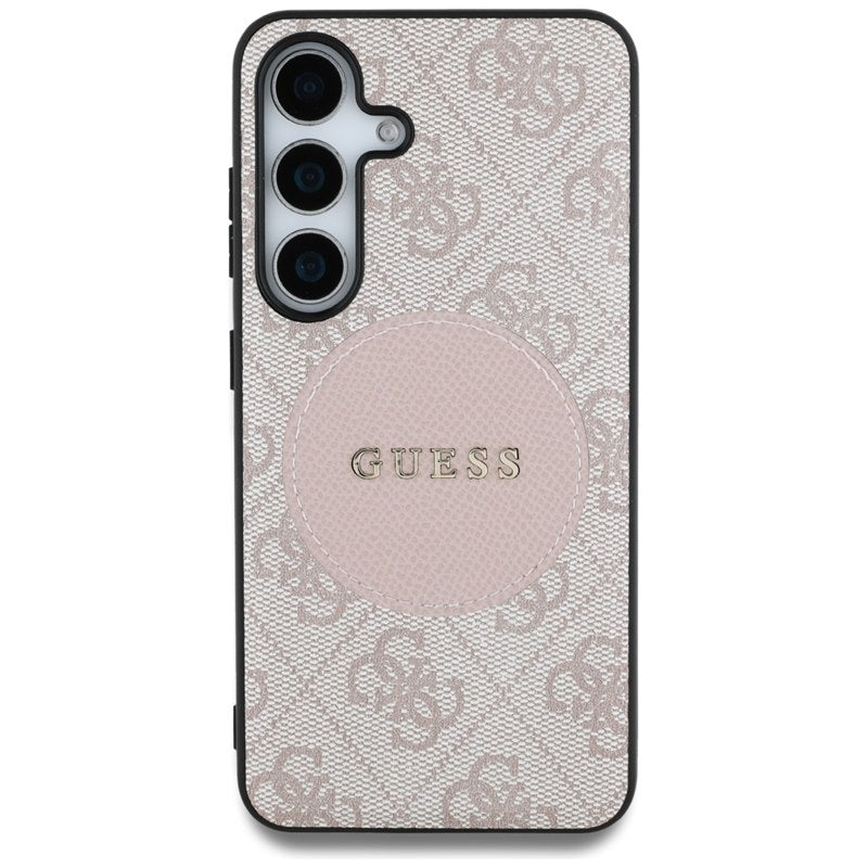 Guess 4G Round Patch Classic Logo MagSafe - dėklas skirtas Samsung Galaxy S25 (rožinis)
