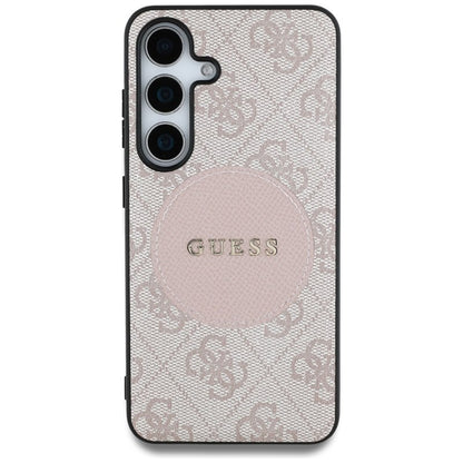 Guess 4G Round Patch Classic Logo MagSafe - dėklas skirtas Samsung Galaxy S25 (rožinis)