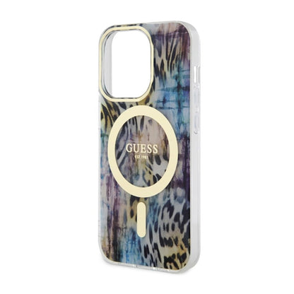Guess Leopard MagSafe – dėklas, skirtas iPhone 14 Pro (mėlynas)