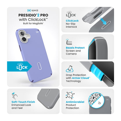 Speck Presidio2 Pro ClickLock & MagSafe – dėklas skirtas iPhone 16 Plus (Ateities levandų / Kašys purpurinė / Balta)