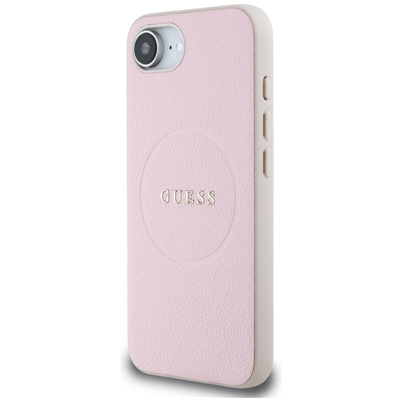 Guess Grained Ring MagSafe – dėklas, skirtas iPhone 16e (rožinis)