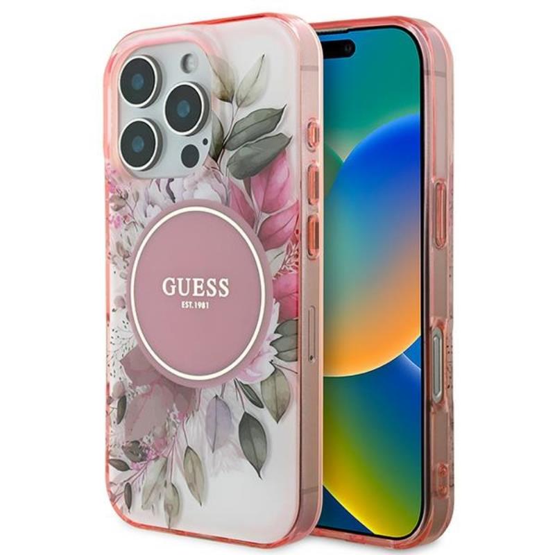 Guess IML Flower & Tonal Circle MagSafe - dėklas iPhone 16 Pro Max (rožinis)