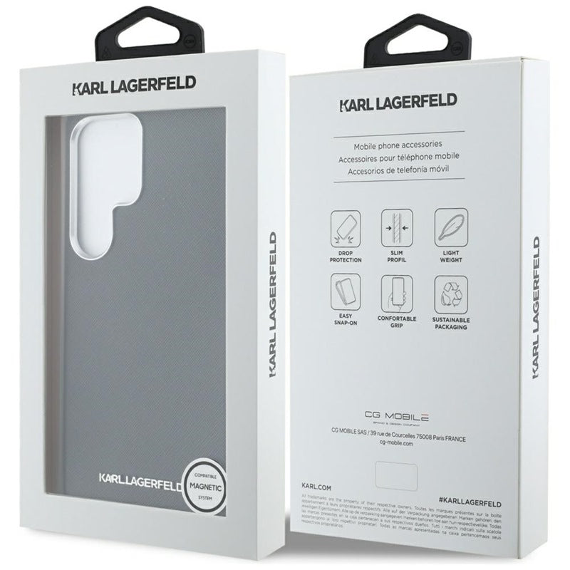 Karl Lagerfeld Saffiano pilnai apgaubtas ilgas metalinis logotipas MagSafe – dėklas Samsung Galaxy S25 Ultra (juodas)