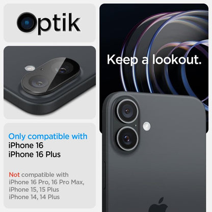 Spigen Optik GLAS.TR kameros apsauga (2 vnt.) – objektyvo apsauga, skirta iPhone 16 / 16 Plus (juoda)