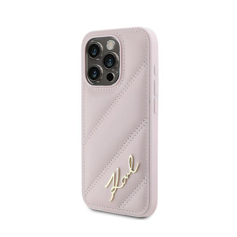 Karl Lagerfeld Diagonaliai Dygsniuotas Užrašas - Dėklas skirtas iPhone 15 Pro Max (Rožinis)