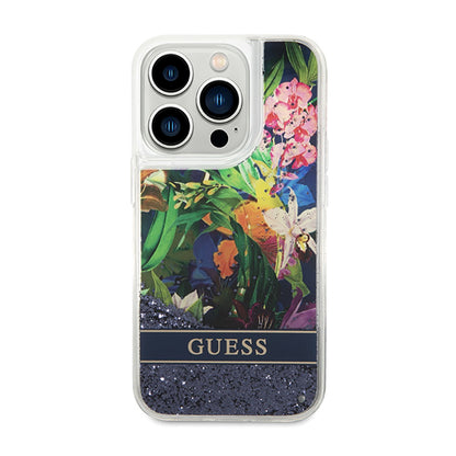 "Guess Liquid Glitter Flower" - "iPhone 14 Pro" dėklas (mėlynas)