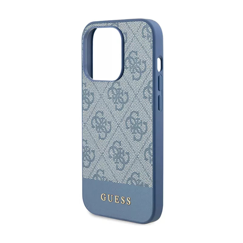 Guess 4G Bottom Stripe Metal Logo kolekcija – dėklas, skirtas iPhone 15 Pro Max (mėlynas)