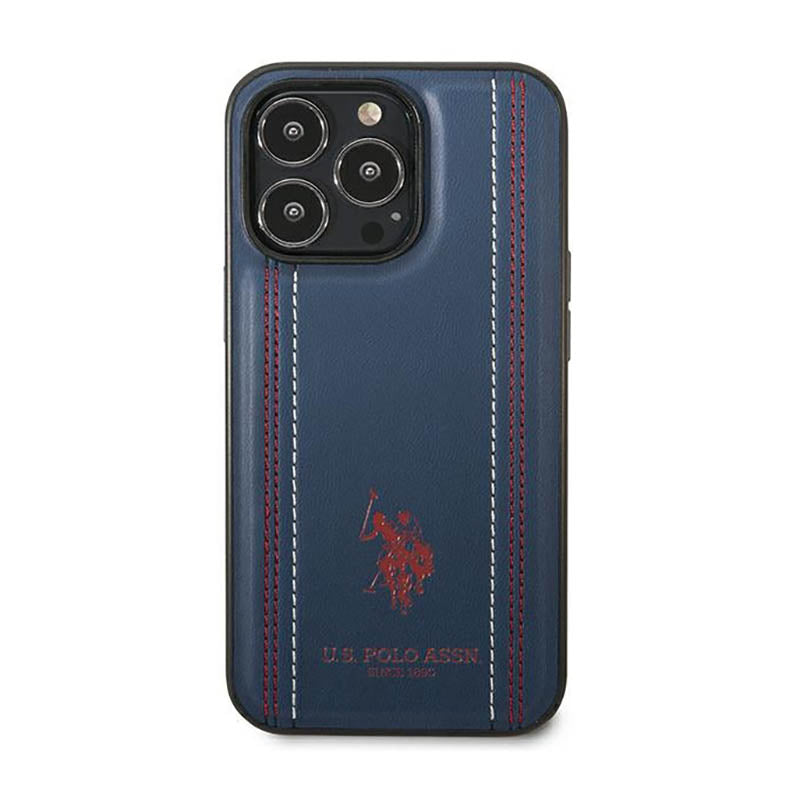 US Polo Assn Leather Stitch – Dėklas iPhone 14 Pro (tamsiai mėlynas)