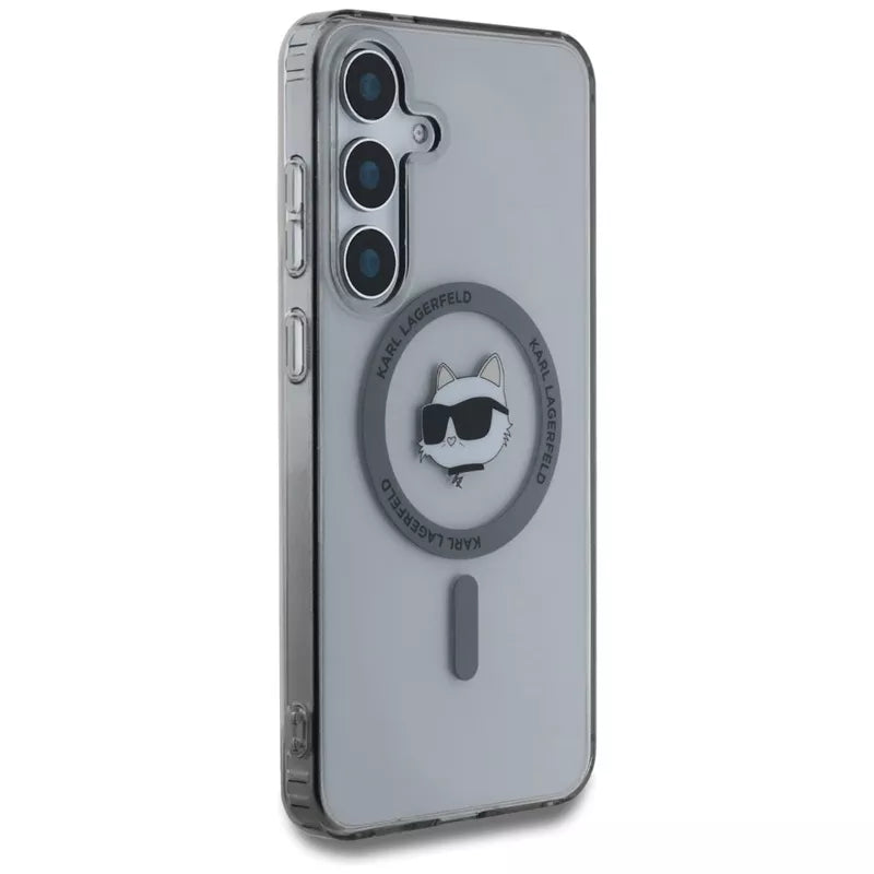 Karl Lagerfeld mygtuko Choupette galvos su logotipu atspaudas MagSafe dėklas, skirtas Samsung Galaxy S25+ (juodas)