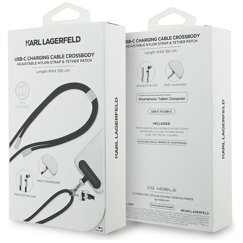 Karl Lagerfeld Dirželis per petį Ikonik Charm - Universalus telefono dirželis / USB-C į USB-C kabelis 1,5 m (Juodas)