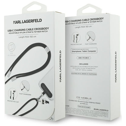 Karl Lagerfeld Dirželis per petį Ikonik Charm - Universalus telefono dirželis / USB-C į USB-C kabelis 1,5 m (Juodas)