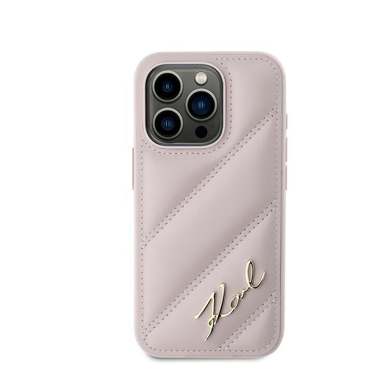 Karl Lagerfeld Diagonaliai Dygsniuotas Užrašas - Dėklas skirtas iPhone 15 Pro Max (Rožinis)