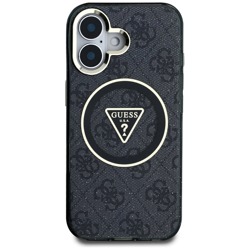 Guess IML Metal Glitter 4G Circle Triangle MagSafe – dėklas iPhone 16 (juodas)