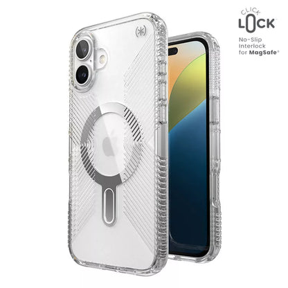 Speck Presidio Perfect-Clear Grip ClickLock & MagSafe – dėklas, skirtas iPhone 16 Plus (skaidrus / chromo apdaila / ramus sidabras)