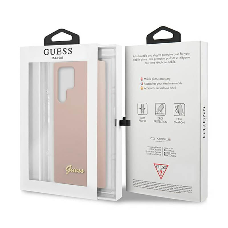 Guess Silicone Script Metal Logo - dėklas Samsung Galaxy S23 Ultra (rožinis)