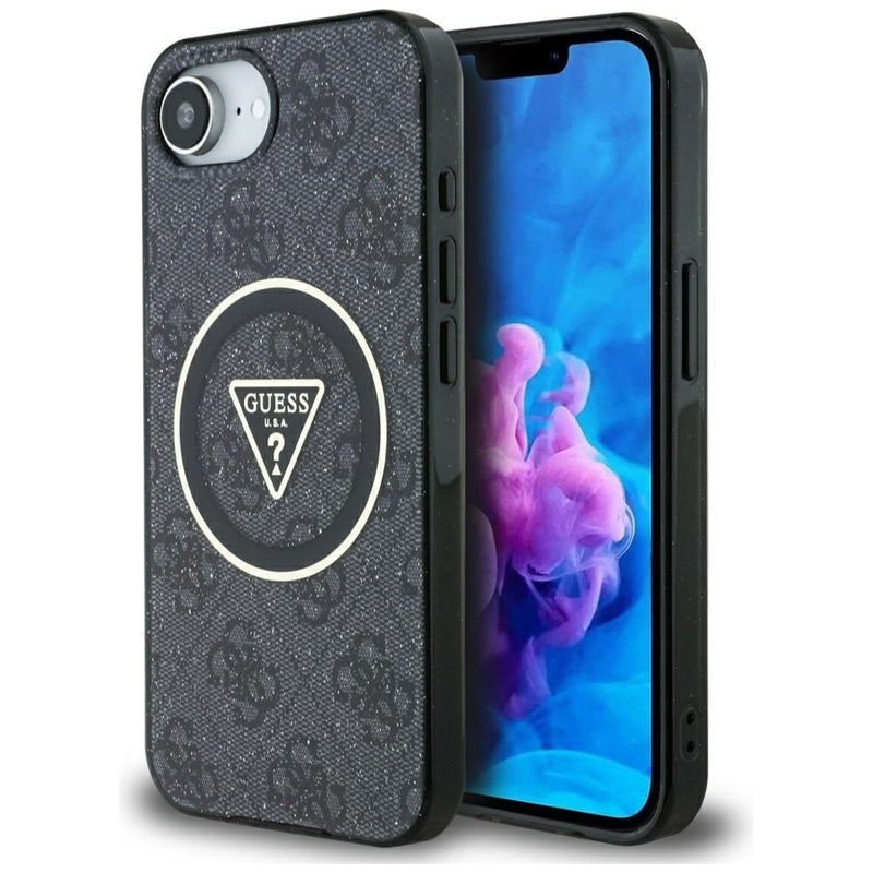Guess IML Metal Glitter 4G Circle Triangle MagSafe – dėklas, skirtas iPhone 16e (juodas)