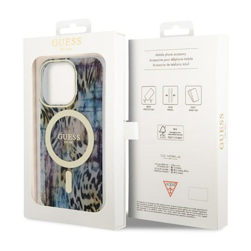 Guess Leopard MagSafe – dėklas, skirtas iPhone 14 Pro (mėlynas)