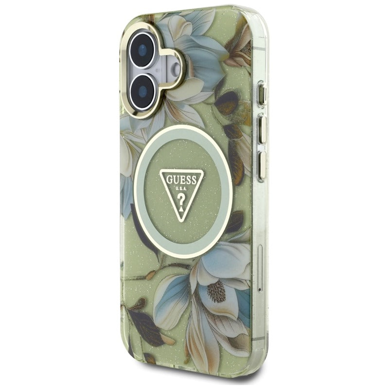 Guess Glitter Flowers Triangle Buttons MagSafe – Dėklas, skirtas iPhone 16 (žalias)