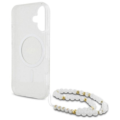 Guess IML Blizgučiai su Perlo Dirželiu MagSafe – Dėklas iPhone 16 Plus (Skaidrus)