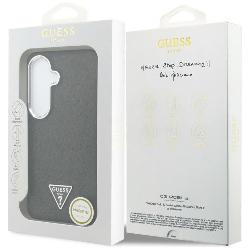 Guess Fixed Glitter Triangle MagSafe dėklas - Samsung Galaxy S26 dėklas (juodas)