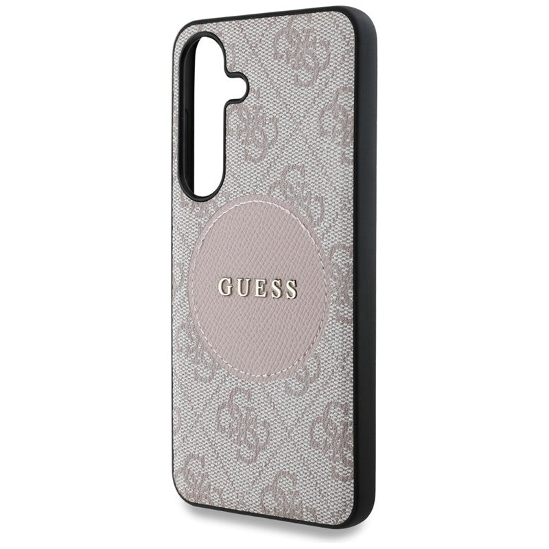 Guess 4G Round Patch Classic Logo MagSafe - dėklas skirtas Samsung Galaxy S25 (rožinis)