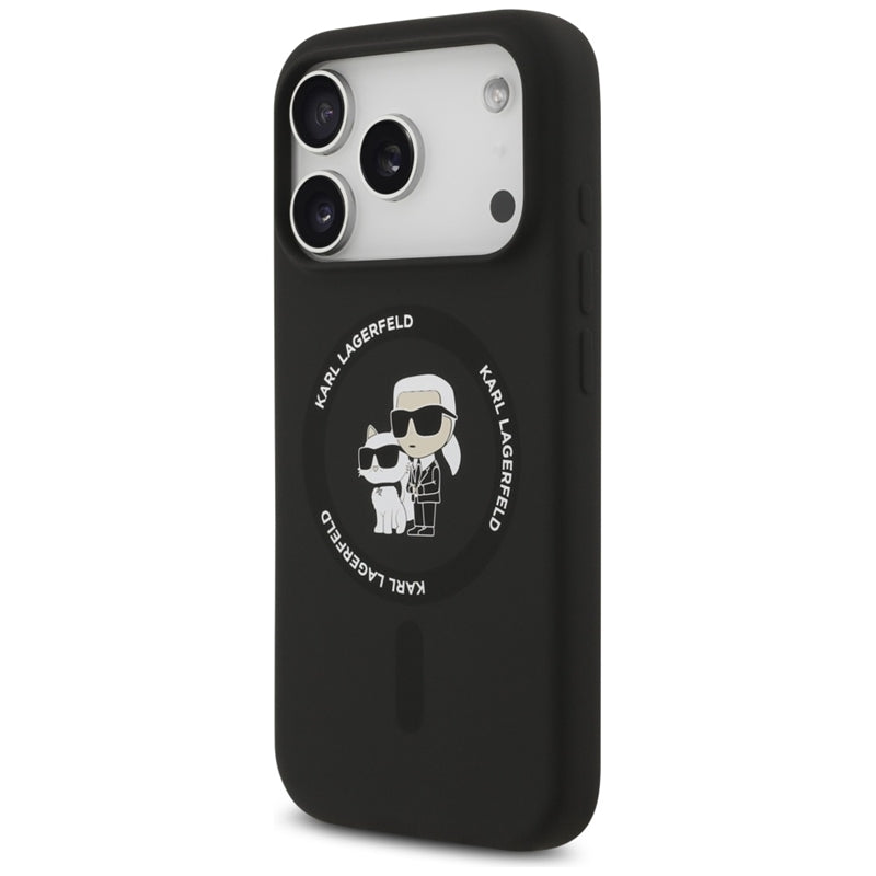 Silikoninis dėklas iPhone 17 Pro su Karl & Choupette žiedu MagSafe (juodas) - Karl Lagerfeld