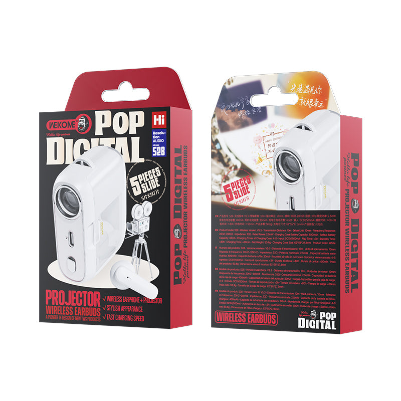 WEKOME S28 Pop skaitmeninė serija – belaidės „Bluetooth V5.3 TWS“ ausinės su įkrovimo dėklu su projektoriaus funkcija (baltos)