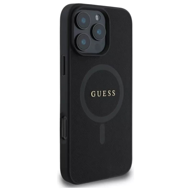 Guess Saffiano Classic Logo MagSafe - Dėklas skirtas iPhone 16 Pro Max (juodas)