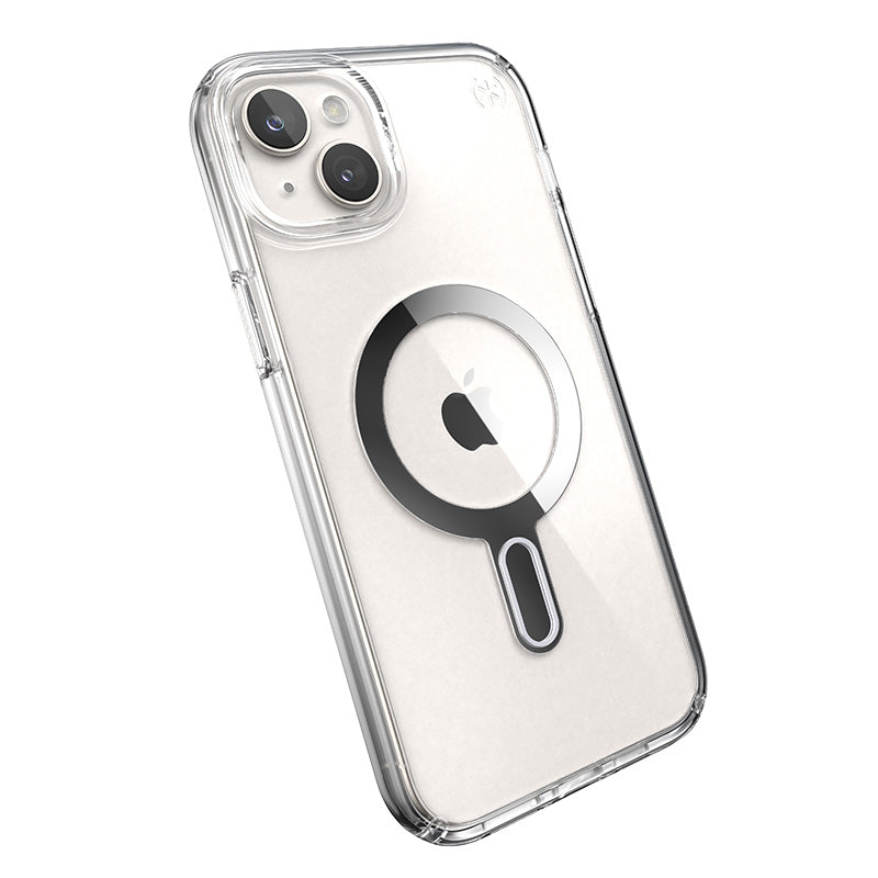 Speck Presidio Perfect-Clear ClickLock & Magsafe - iPhone 15 Plus / iPhone 14 Plus dėklas (Skaidrus / Chromo apdaila / Serene Silver)