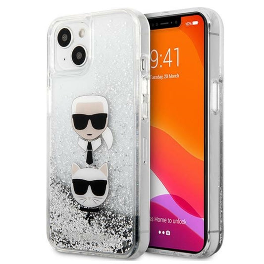 Karl Lagerfeld Liquid Glitter Karl & Choupette Head – dėklas skirtas iPhone 13 mini (sidabrinis)