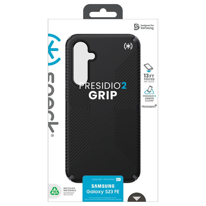 Speck Presidio2 Grip – dėklas Samsung Galaxy S23 FE (juodas/juodas/baltas)