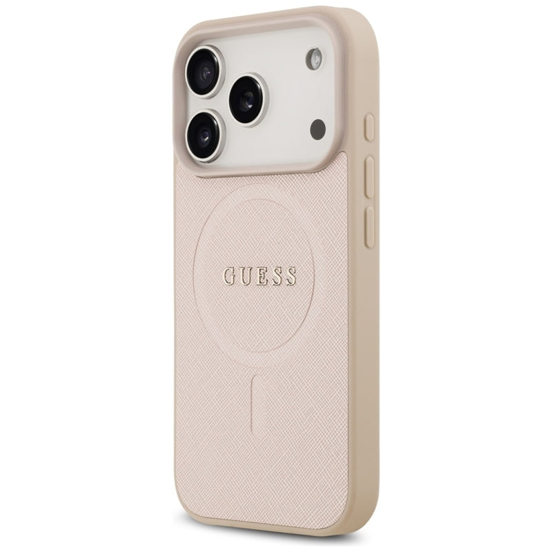Guess Saffiano Klasikinis Logotipas MagSafe Dėklas iPhone 17 Pro (rožinis)