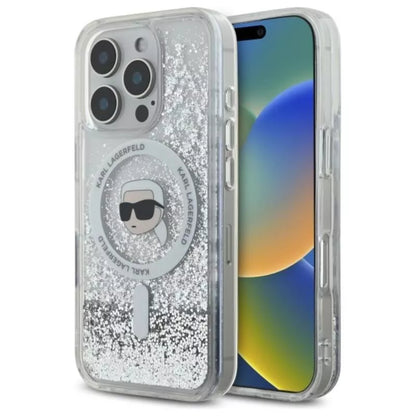 Karl Lagerfeld Liquid Glitter Karl Head MagSafe – Dėklas iPhone 16 Pro Max (skaidrus)