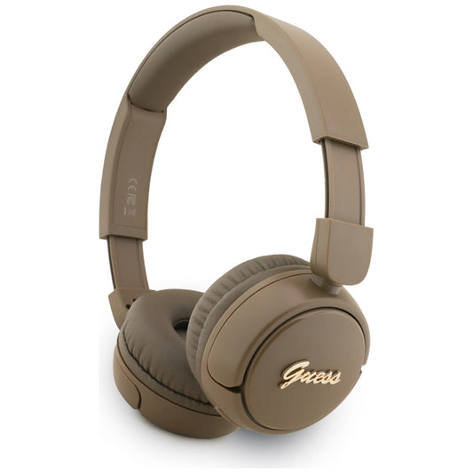 Guess Metal Logo Script – Belaidės ant ausų dedamos ausinės Bluetooth V5.3 (rudos)